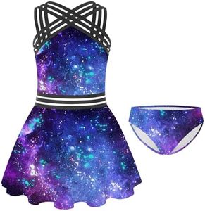 Girls Bathing Suit Size 11T 12T Kids One Piece Swimsuits Blue Galaxy Print Criss-Cross Swimming Skirt Rash Guard