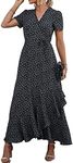 PRETTYGARDEN Women's Summer Wrap Maxi Dress Casual Boho Floral V Neck Short Sleeve Ruffle Hem Split Beach Long Dresses (Black,X-Small)