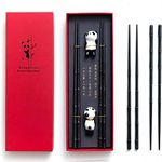 HauSun 2 Pairs Chopsticks and Chopstick Rest Gift Set- Dishwasher Safe Reusable Fiber Glass Chopsticks + Porcelain Cute Panda Chopstick Holder, Non-Slip Chinese Japanese Style Chopsticks Set, Black