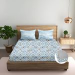 Trance Home Linen 100% Cotton 180 TC Double Bedsheet | Printed Fitted Bedspread with 2 Pillow Covers (72x48 inch, Silken Mosaic Blue)