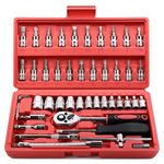 Sliva 46 Pcs 1/4'' Drive Socket Wrench Set, Ratchet Wrench Set with 4-14mm Cr-V Sockets,Screwdriver Bits,Extension Bars for Car Bike Repair and Home Maintenance