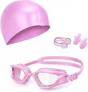 Leosportz 4 in 1 Swimming Kit for Kids - Swimming Cap, Swimming Googles, Earplugs and Noseplugs Set | UV and Anti Fogg Protection Googles | Silicon Non Sip with New Memory Technology (Pink)