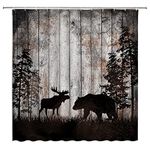 Rustic Bear Deer Shower Curtain Wildlife Cabin Moose Elk Animal Silhouette Hunting Camping Retro Wooden Board Forest Farmhouse Polyester Fabric Bath Decor with Hook,Black Grey