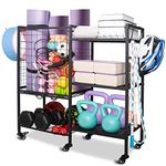 Oududianzi Yoga Mat Storage Racks, Home Gym Storage Rack for Yoga Mat, Yoga Ball, Dumbbell Kettlebells, Foam Roller and Resistance Bands, Workout Equipment Storage Organizer with Hooks and Wheels