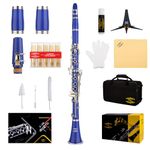 Glory GLY-CLADBL Professional Ebonite Bb Clarinet with 10 Reeds, Stand, Hard Case, Cleaning Cloth, Cork Grease, Mouthpiece Brush and Pad Brush,Dark Blue/Silver