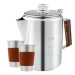 APOXCON Camping Coffee Percolator Pot Travelling Set 304 Stainless Steel Coffee Maker Pot Campfire Stovetop Fast Brew Kettle 9 cups with stainless steel coffee cups(2pcs)