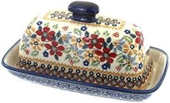 Blue Rose Polish Pottery Red Daisy Butter Dish