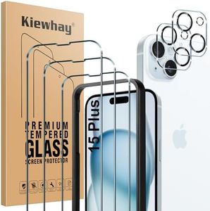Kiewhay Protector de Pantalla para iPhone 15 Plus Cristal Templado 6,7'', 3x Vidrio Templado + 2x Protector de Lente de Cámara, [No para iPhone 15 Pro Max] 99,99% HD Protector Pantalla -5 Piezas