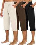 Huukeay 3 Pack Women's Capri Sweatpants, Cozy Wide Legs Cropped Capri with Pockets, Lounge Jogger Pants Workout Yoga Capris, Black, Brown, Cream, Large