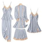 SAPJON Womens Pajama Sets 5PCS Silk Pajamas for Women Cute Sleepwear Loungewear Satin Pajamas Sets for Women Soft Grey