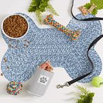 THE HOME TALK Pet Mat for Dogs & Cats | Skin Friendly Food Mats| Hand Braided | FloorMat | Pet Area Carpet| Polyester Fabric | Anti-Spill 16 x 24 Inches | Bone Design | Blue & White