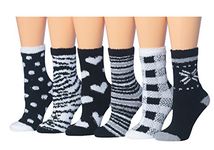 Tipi Toe Women's 6-Pairs Black And White Monochrome Anti-Slip Soft Fuzzy Winter Crew Home Socks, (sock size 9-11) Fits shoe size 6-9, FZ16-6