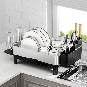 SanDream Dish Drying Rack, Stainless Steel Dish Rack for Kitchen Counter, Dish Drainer with 360°Rotatable Drain Spout & Utensil Holder & Cups Holder, Sink Dish Rack Organizer with Draining Tray, Black