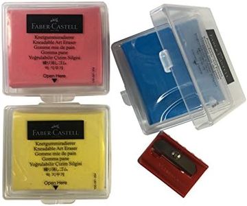 Faber-Castell Colored Kneaded Art Eraser Soft Durable Sketch Putty Rubber, Kneadable Rubber Eraser With Plastic Case in 3 Colors - Red, Yellow, Blue + 1 Sharpener (3 + 1)