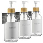 MaisoNovo Shampoo and Conditioner Dispenser with Wall Mounts | 500 ml Set of 3 Clear Plastic Bottles Bamboo Pump