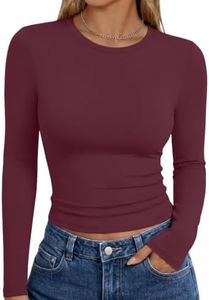 Trendy Queen Womens Long Sleeve Shirts Basic Crop Tops Tight Slim Fit Cute Teen Girls Fall Winter Y2k Clothes Wine Red XL