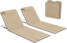 Outsunny Set of 2 Foldable Garden Beach Chair Mat Lightweight Outdoor Sun Lounger Seats Adjustable Back Metal Frame PE Fabric Head Pillow w/Carry Bag, Beige