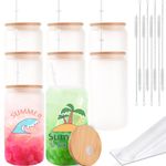 Joyclub 8 Pack Sublimation Glass Cups with Bamboo Lids and Straws, 16 OZ Frosted Glass Cans Blanks with Shrink Wrap Films for Iced Coffee Beer Juice Soda DIY Gift