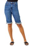 Roman Originals Denim Shorts for Women UK - Ladies Knee Length Stretch Jean Cropped Jeggings Turn Up Hem Cut Off Summer High Waisted Smart Fitted Lightweight Casual Holiday - Denim - Size 14