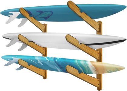 BBPNG 3 Board Surfboard Wood Wall Rack Display for Surfboard Longboard Shortboard Bamboo,3 Floors Deck Display Hanger Rack,Skateboard Wall Mount