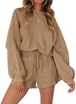 MEROKEETY Women's 2024 Fall Oversized Batwing Sleeve Lounge Sets Casual Top and Shorts 2 Piece Outfits Sweatsuit Khaki