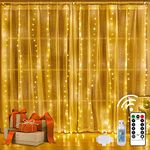 Unihoh 300 LED Curtain Lights, Curtain Fairy Lights String Lights 8 Modes with Remote, Dimmable USB Powered Hanging Bedroom Decor Waterfall Lights for Indoor Room Party Wedding Warm White(9.8x9.8 Ft)