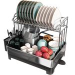 Romision Dish Drying Rack, 304 Stainless Steel 2 Tier Large Dish Rack and Drainboard Set with Swivel Spout Drainage, Full Size Dish Drainer with Utensil Holder for Kitchen Counter of Big Family