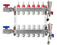 6-Branch Radiant Heat Manifold,Stainless Steel PEX Manifold with Compatible Outlets for Hydronic Radiant Floor Heating (1/2" Adapters included)