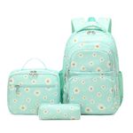 ZHANAO Daisy Backpack for Girls,Bookbag with Lunch Box Kids School Bag Set 3pcs Flower Girls Backpack Set School Daypack for Teens Girls, Daisy-green, Daypack Backpacks