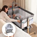 3 in 1 Baby Bassinet Bedside Sleeper, besrey Bedside Crib with Mobile Toy Hanger, Baby Cradle Baby Bed for Newborn Infant with Lockable 360° Swivel Wheels, 9 Height Positions, Storage Basket, Mattress