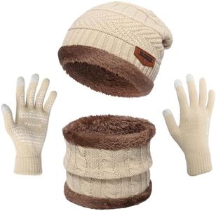 MAYLISACC Winter Knit Beanie Hat Neck Warmer Scarf and Touch Screen Gloves Set 3 Pcs Fleece Lined Skull Cap for Men Women Beige