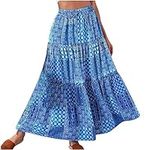 AMhomely Boho Maxi Skirts for Women Long Skirts Sale Chic Ladies Printing Casual Ruched Ruffles Elastic Waist Skirts Beach Skirts Clearance UK, 02 Blue, XL