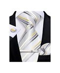 DiBanGu Silk White Stripe Ties Pocket Square Cufflinks Tie Clip Set for Men Formal Ties Wedding Party