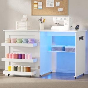HNEBC Smart Folding Sewing Table - with LED Lights & Motion Sensor, Craft Table with 2 AC Outlets & USB Ports, Compact Sewing Machine Desk with Storage Shelves and 6 Wheels for Home(White)