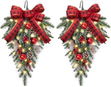ENVEN 2 Pack Christmas Teardrop Swags Trim, Artificial Pine Swag with Bowknot, Red Berries and Pinecone, Winter Pine Needles Swag Greenery Cedar Swag for Xmas Table Door Decor
