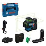 Bosch Professional line Laser GLL 12V-100-33 CG (3 x 360° Green Laser, Working Range 100 m (Radius) with Receiver, IP 65, Levelling Remote App, LB 10, DK 20, GBA 12V 2.0Ah, GAL 12V-40, Pouch, L-Boxx)