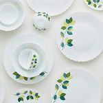 Larah by Borosil Green Leaves Silk Series Opalware Dinner Set | 35 Pieces for Family of 6 | Microwave & Dishwasher Safe | Bone-Ash Free | Crockery Set for Dining & Gifting | Plates & Bowls | White