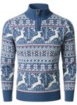 HOOD CREW Men's Half-Zip Stand Collar Fun Cute Reindeer Pullover Christmas Sweaters Blue S