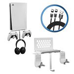 Hosanwell PS5 Wall Mount Bracket Shelf Set, Playstation 5 Wall Mount Made of Concrete Steel Metal with Detachable Controller Holder & Headphone Hanger, Easy Install with Accessories, White