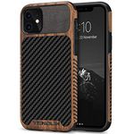 TENDLIN Compatible with iPhone 11 Case Wood Grain with Carbon Fiber Texture Design Leather Hybrid Case