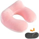 Makimoo Inflatable Travel Pillow, Neck Pillow Support for Traveling, Airplanes, Cars, and Offices with Compact Carrying Bag, Soft Velvet Washable Cover, Ideal for Adult Sleepers (Pink)