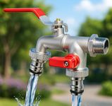 PANCA 1/2 Inch Dual Outlet Garden Faucet Splitter | Heavy Duty Zinc Alloy Double Valve Tap with Individual Control | Brushed Metal Outdoor Water Tap for Efficient Garden Watering (Silver)