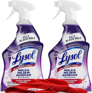 Mold and Mildew Remover with Bleach, 2 Pack Bathroom Cleaner Spray, Whitens and Removes Soap Scum and Stains on Tiles, Grout, Bathtubs, Toilets, Sinks, 32 oz. Each Plus Microfiber Cleaning Cloth