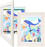 KINLINK 9x12 Kids Art Frmes Set of 2, Solid Wood Kids Artwork Frames Changeable with Acrylic Front Opening Holds 150 Pictures, Art Frames for Kids Artwork with Mat or without Mat, White