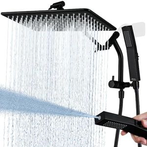 G-Promise All Metal 14 Inches Rain Shower Head with Handheld Built-in Power Wash Mode, 3-way Shower Diverter with Pause Setting, 11 Inches Adjustable Extension Arm, Long Hose (Matte Black, 14 Inches)