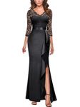 MISSMAY Women's Vintage Floral Lace Contrast Satin V Neck Ruffle 3/4 Sleeves Evening Party Formal Long Dress (Medium, Black)