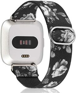 TOYOUTHS Compatible with Fitbit Versa/Versa 2 Bands for Women Men Adjustable Elastic Nylon Fabric Strap Replacement for Versa Lite Edition Stretchy Solo Loop Bracelet Wristband, Black/Grey Floral