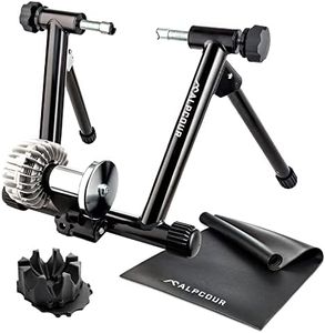 Alpcour Fluid Bike Trainer Stand for Indoor Riding – with Multipurpose 36”x78” Bike Trainer Mat – with Bike Trainer 4-Tier Riser Block for Front Wheel with Anti-Skid Design