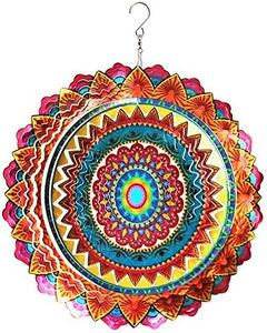 Fonmy Stainless Steel Wind Spinner-3D, Laser Cut Hand Painted with Color Sparkling Powders, Indoor Outdoor Garden Decoration Crafts Ornaments, Multi Color Mandala -12" inch