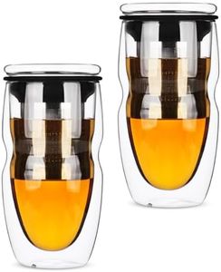 BTaT- Double Wall Glass Tea Cup With Stainless Steel Infuser, 2 Pack, 16oz, Tea Cup with Lid, Tea Infuser Cup, Tea Cup with Filter, Tea Cup with Infuser, Tea Gifts for Tea Lovers, Tea Infuser Mug